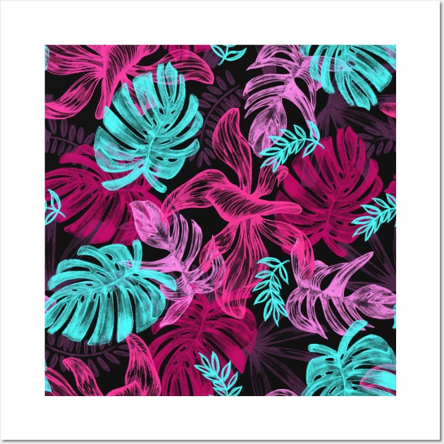 Neon Tropical Leaves Summer Pattern Wall Art by MysticMagpie